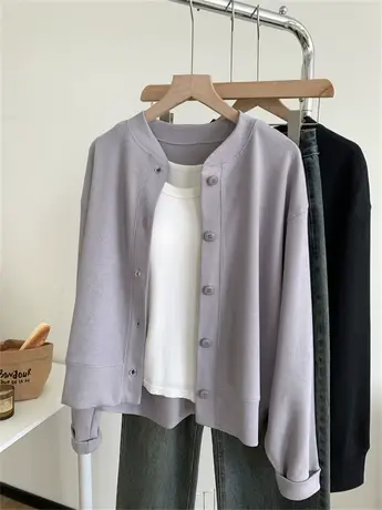 简约韩版蛇骨纹圆领开衫女宽松休闲纯色百搭小个子卫衣外套2024春图片