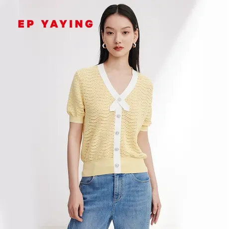 EP YAYING雅莹女装 丝棉短箱型镂空V领针织衫 2024春装新款9528B图片