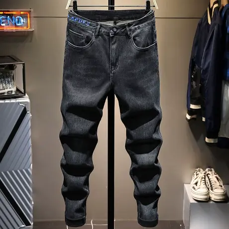 2022秋季新款黑色韩版潮流修身男士牛仔裤加厚小脚休闲长裤子直筒商品大图