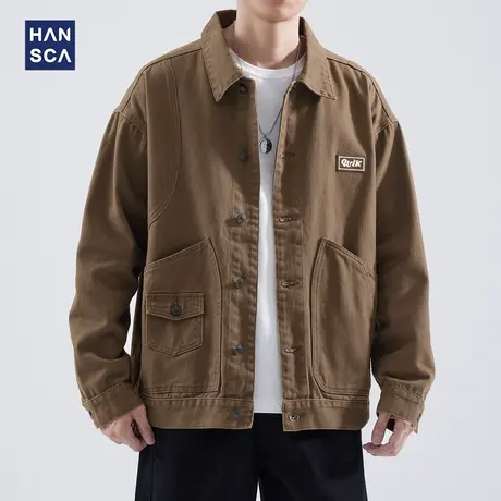 hansca休闲工装夹克男秋季新款宽松大码纯棉拼接日系潮牌翻领外套商品大图