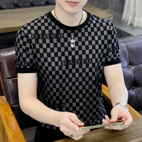 2024夏季新款男士冰丝短袖T恤经典格子男装加肥加大码半袖体恤衫商品大图