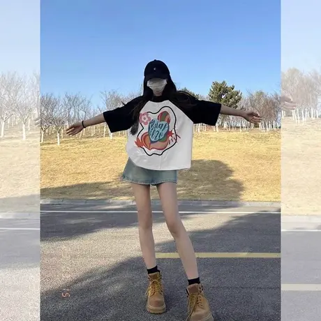 拼色重磅插肩短袖T恤夏季美式新款复古潮牌ins百搭舒适青少年半袖商品大图