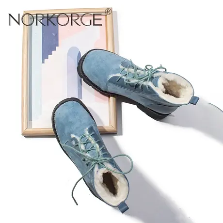 2023新款冬复古文艺蓝色真毛雪地靴女鞋真皮圆头粗跟羊羔毛马丁H商品大图