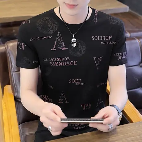 夏装男士短袖T恤冰丝2023新款潮流帅气潮牌ins男半袖夏季体恤衣服商品大图