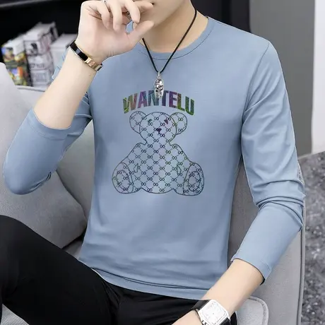 莫代尔小熊t恤男长袖秋装上衣服圆领打底衫潮流修身内搭秋衣小衫商品大图