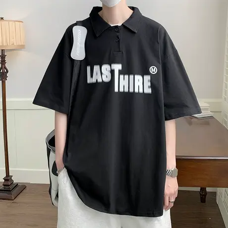 polo衫男短袖夏季薄款字母印花青少年宽松半袖潮牌帅气穿搭五分袖商品大图