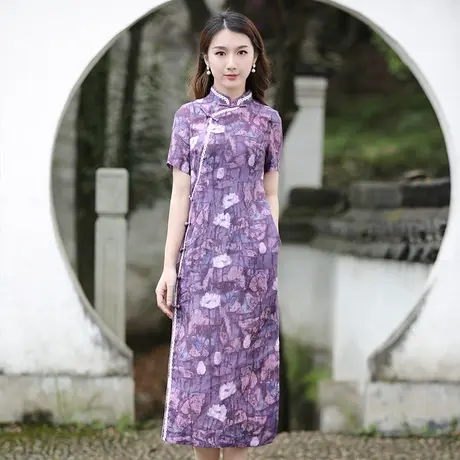 筠雅旗袍长款复古气质小个子日常可穿年轻款修身显瘦短袖连衣裙商品大图