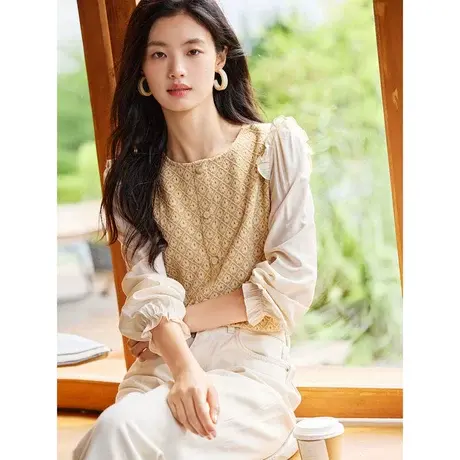 时尚气质长袖衬衫2023年秋季新款淑女温柔圆领宽松显瘦通勤上衣商品大图