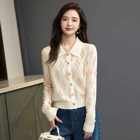 时尚气质长袖毛衣开衫2023年秋季新款淑女温柔翻领显瘦百搭上衣商品大图