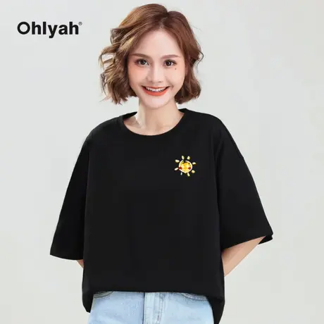 Ohlyah夏季宽松纯棉笑脸T恤女短袖下体失踪打底衫学生闺蜜情侣装图片