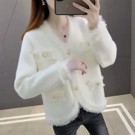水貂绒v领针织开衫女2023春装新款宽松外穿上衣加厚流苏毛衣外套图片
