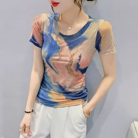 女装2023新款潮性感网纱小衫时尚圆领短袖T恤女洋气百搭上衣半袖商品大图