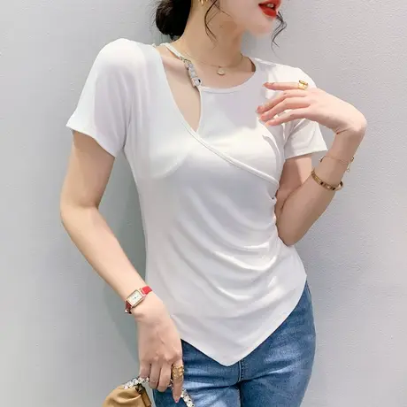 性感镂空T恤女短袖洋气百搭欧货上衣2023新款不规则开叉丅恤小衫商品大图