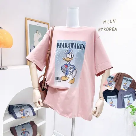 韩国东大门粉色短袖上衣2023春夏新款复古美式卡通中长款T恤欧货商品大图