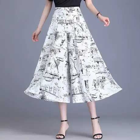 水墨画复古裙裤阔腿裤女夏季2023新款高腰宽松大脚裤薄款七八分裤图片