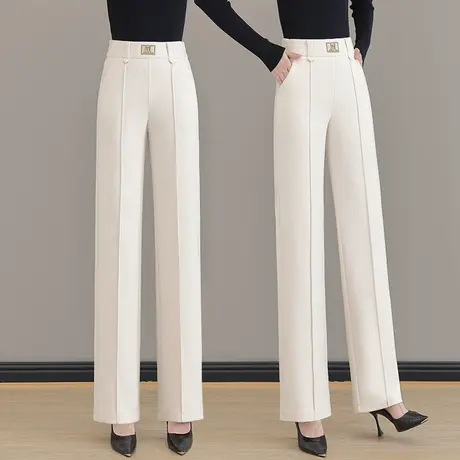 西装阔腿裤女春秋2023宽松垂感大码休闲长裤中老年职业气质毛呢裤图片