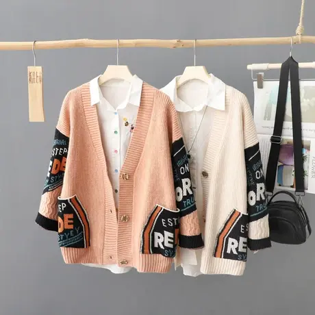 秋装新款单排扣V领慵懒风针织开衫女装长袖小众宽松外套加厚毛衣x图片