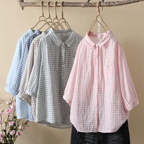 夏季韩版文艺小清新双层纱纯棉格子七分袖衬衫女学生宽松中袖上衣商品大图