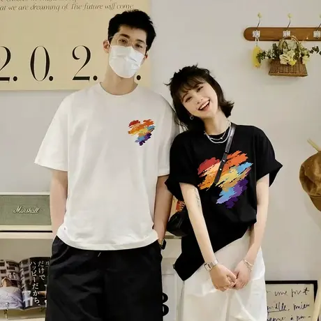 美式复古纯棉正肩短袖t恤女夏季半袖宽松韩版潮牌ins情侣装上衣服商品大图