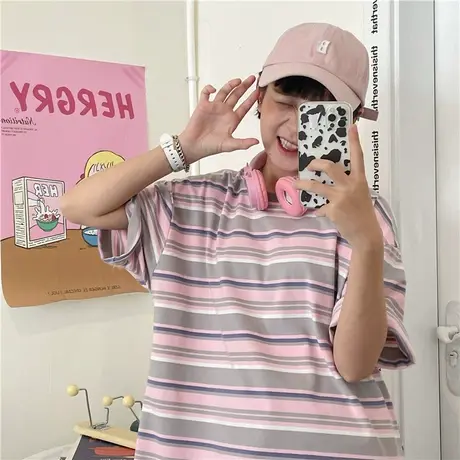 红续复古脏粉色条纹短袖T恤女2023新款ins宽松小众设计感上衣潮图片