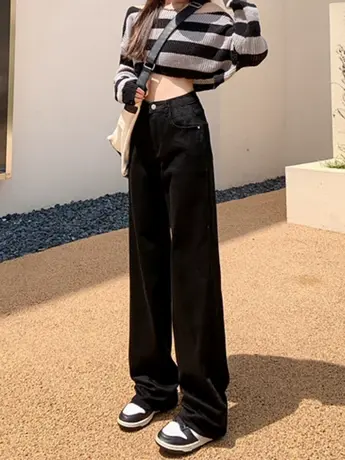 清仓捡漏外贸百搭高腰阔腿牛仔裤女春夏新款宽松显瘦直筒拖地裤商品大图