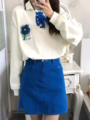 春秋立体花朵polo领落肩卫衣女oversize小众高街潮牌ins宽松上衣商品大图