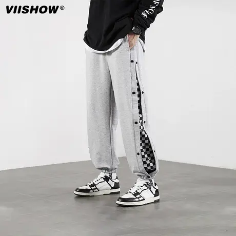 VIISHOW休闲裤男春秋侧边排扣棋盘格宽松设计感直筒束脚卫裤子潮商品大图