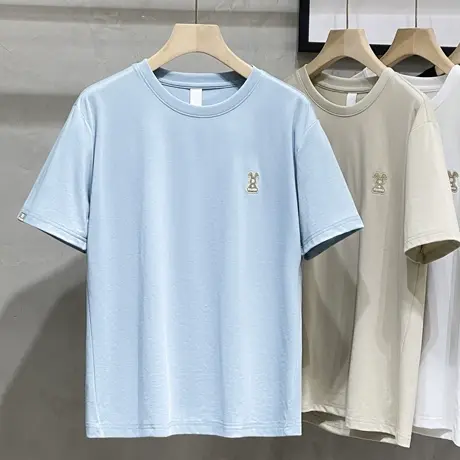 2023春夏新款圆领小兔刺绣短袖T恤冰丝潮牌休闲宽松男打底衫上衣商品大图