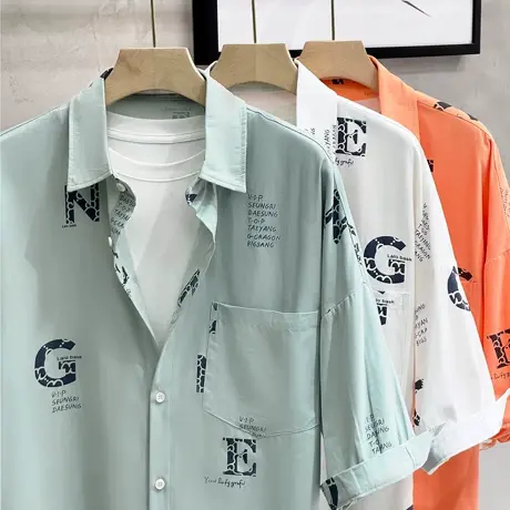 五分袖衬衫男韩版潮流帅气宽松夏季短袖花中袖衬衣男纯棉痞帅七分图片