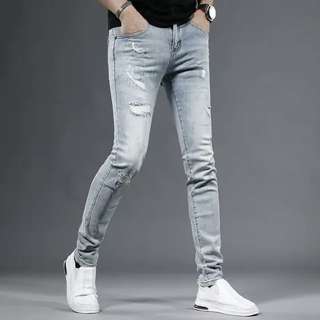 高端破洞牛仔裤男2023夏季新款蓝色修身小脚弹力百搭潮牌男士长裤图片