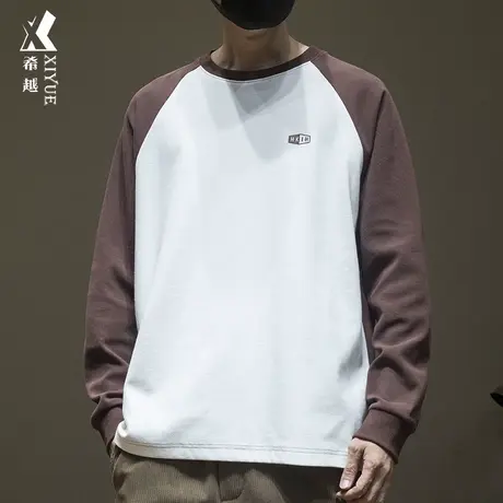 希越枣红色拼接撞色长袖t恤男生秋冬宽松大码300g重磅套头卫衣男商品大图