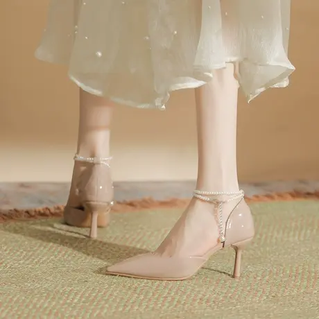 法式高跟鞋女细跟2023年新款秋季珍珠一字扣尖头裸色单鞋气质名媛图片