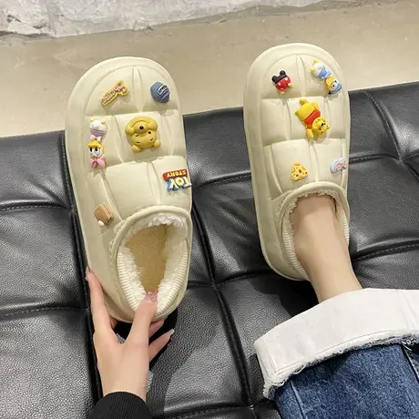 防水棉拖鞋女冬季可爱卡通小熊室内外穿包跟加绒保暖厚底防滑棉鞋商品大图