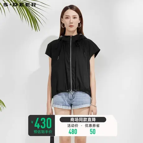 sdeer圣迪奥黑色衬衫女夏装高领连帽抽绳高级感小众上衣S22280605商品大图