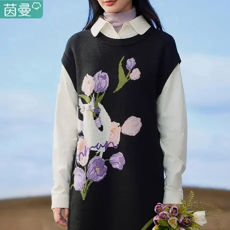 茵曼假两件衬衫针织连衣裙女2023秋季新款气质长裙打底裙子毛衣裙商品大图