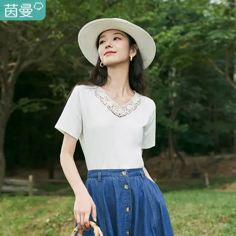 茵曼设计感气质镂空蕾丝绣花V领T恤2023夏女装新款宽松短袖上衣图片