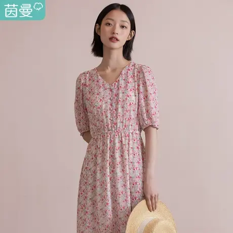 茵曼特价清仓2023春装田园风碎花显瘦V领气质A字裙短袖连衣裙女商品大图