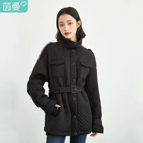 茵曼菱格女2023冬季新款腰带显瘦可立领宽松保暖百搭休闲短款棉衣图片