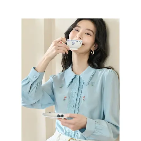 设计感文艺花边门襟绣花衬衣2023秋女装新款翻领长袖显瘦上衣商品大图