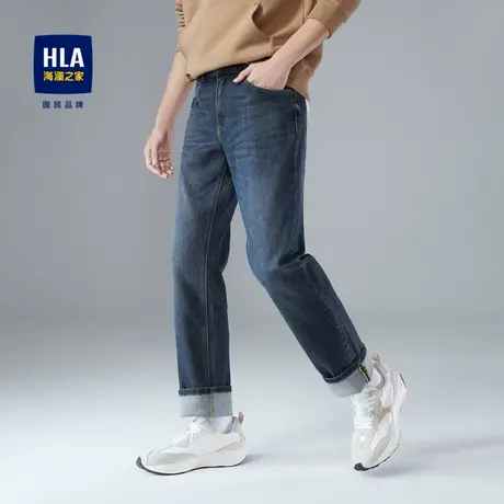 HLA/海澜之家经典五袋款牛仔裤秋冬季酵素洗中腰直筒保暖裤子男商品大图