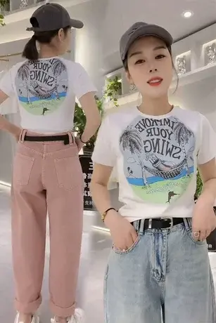 修身印花短袖T恤女2023欧货新款夏季百搭洋气棉质ins爆款半袖t恤图片