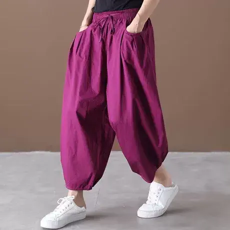 夏季宽松垮裤胖妹妹大码显瘦阔腿裤文艺休闲裤女时尚九分灯笼裤子图片