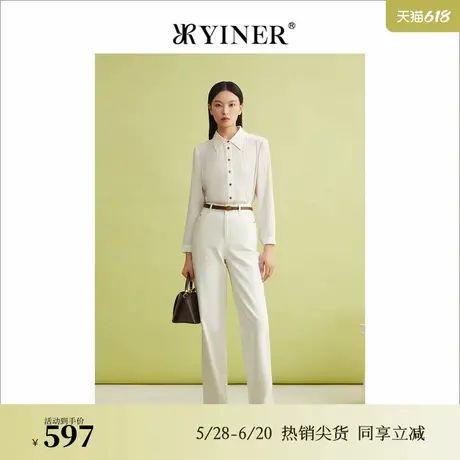 【醋酸系列】YINER音儿女装春季竹叶子压褶米白色衬衫商品大图