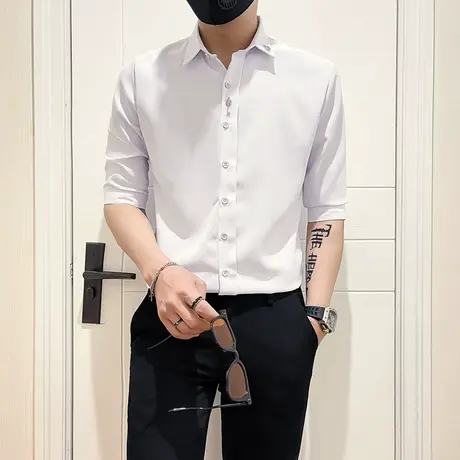 短袖男士春夏季衬衫2025新款高级感中袖寸衫潮牌痞帅七分半袖衬衣图片