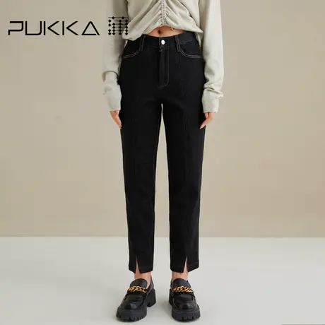 蒲PUKKA 商场同款绣花牛仔裤女秋冬新款宽松休闲显瘦开叉长裤子商品大图