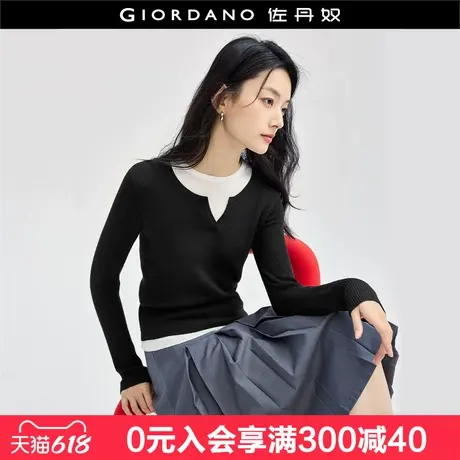 佐丹奴叠穿针织衫女软糯抗起球假两件黑色修身圆领打底衫18354920商品大图