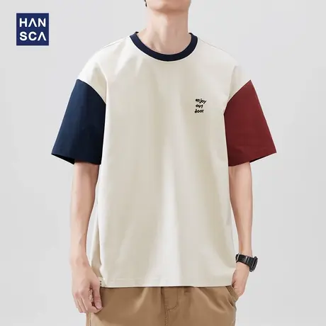 hansca 潮流拼接撞色短袖T恤男2025夏季新款时尚字母刺绣休闲上衣商品大图