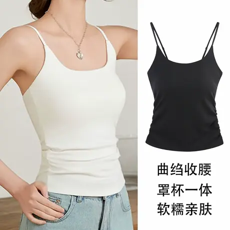 新款夏女带胸垫吊带背心打底衫曲折收腰一字美背内搭抹胸内衣J19商品大图