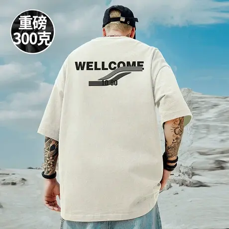 300g重磅硬挺美式简约字母短袖t恤街头大码男装圆领白色纯棉半袖商品大图