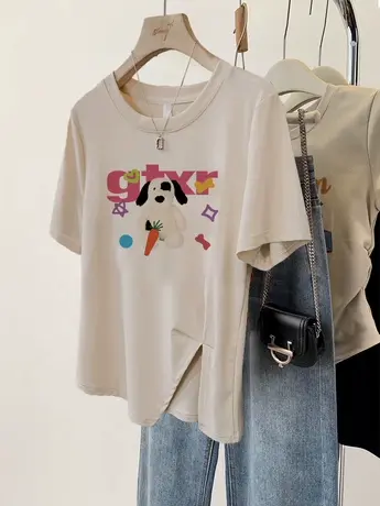 辣妹风修身T恤女夏日多巴胺穿搭上衣胖mm大码显瘦ins潮设计感短袖商品大图